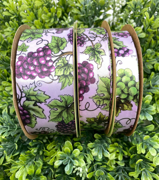 Grapes Ribbon dark purple grapes printed on 5/8", 7/8' and 1.5" light orchid single face satin
