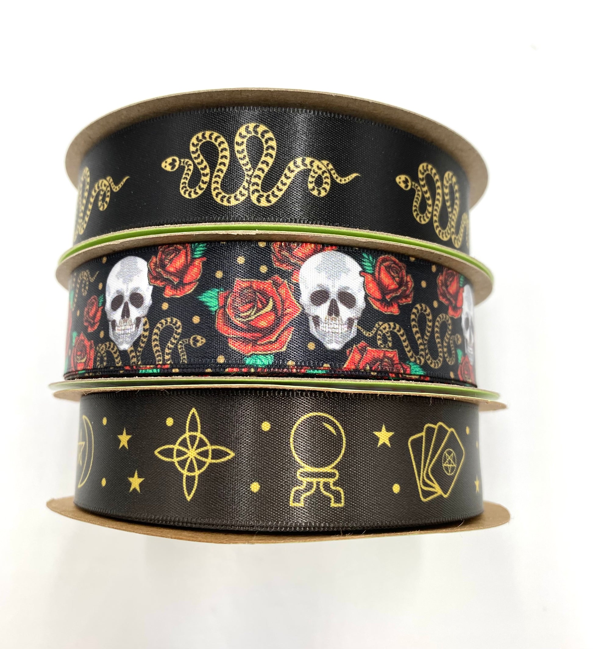 Combine our snake ribbon with skulls and red roses along with our mystical theme ribbon all in color ways of gold and black. These ribbons are the perfect addition to party themes and gifts! 