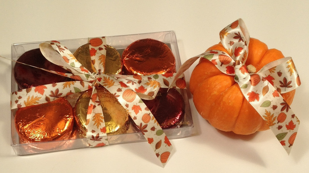 These chocolate covered cookies are wrapped in Fall foils and tied with our falling leaves ribbon. Perfection