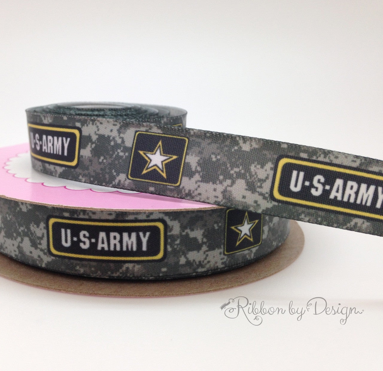 Army Logo Ribbon on Camouflage Background 5/8" Single Face Satin,