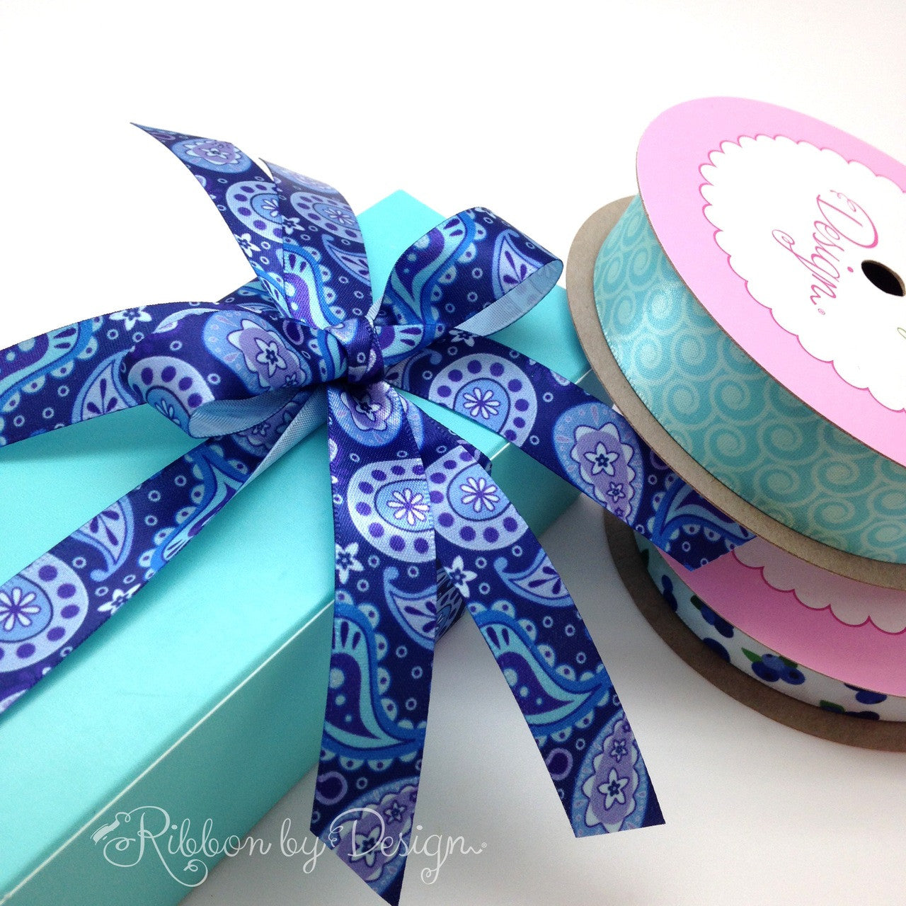 Our paisley ribbon added to this aqua box will create an interesting mix of blues for a great gift!