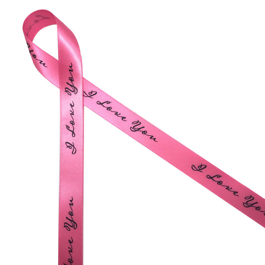 I Love You is the perfect expression of love and care for Valentine's Day or any day!  I Love You printed in black printed on 5/8" hot pink single face satin ribbon is the perfect addition to special loving gifts for engagements, weddings, and of course Valentine's Day. All our ribbon is designed and printed in the USA