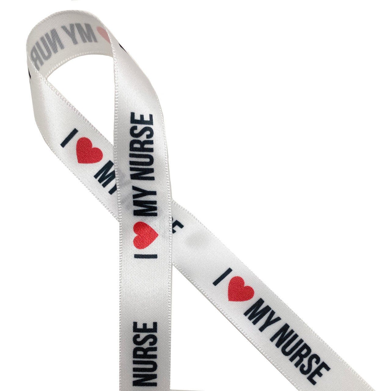 I ( Heart) my Nurse in black block lettering with a red heart printed on 5/8" white single face satin ribbon is the perfect way to express your gratitude for your favorite medical hero!