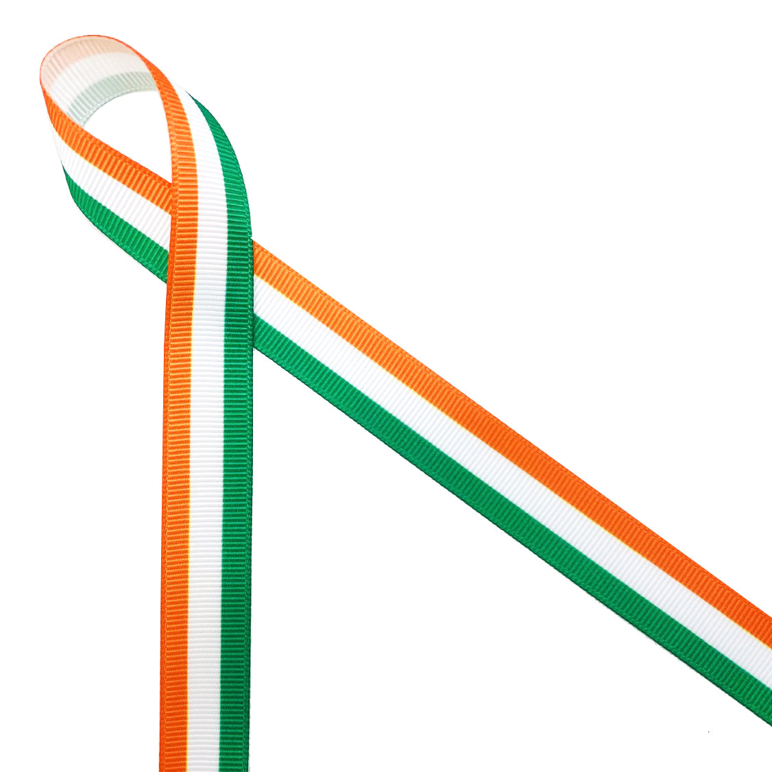 Irish Flag Ribbon  Orange, White and Green stripes printed on 5/8" 7/8"  and 1.5" White grosgrain