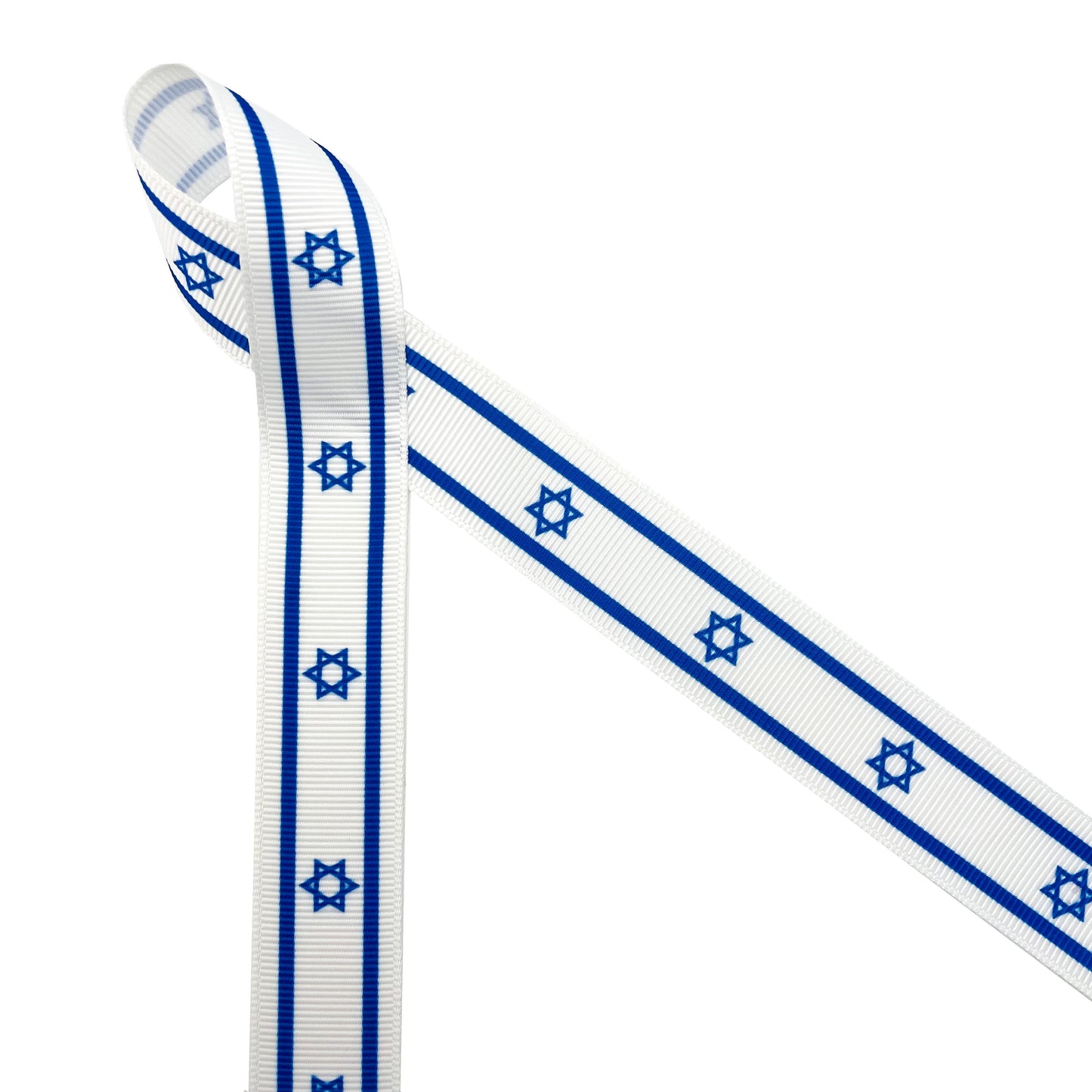 Israeli Flag ribbon royal blue stripe at top an bottom with the Star of David , printed on 5/8" and 7/8" white satin and  7/8"grosgrain