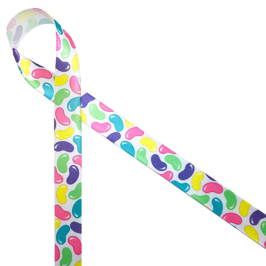 Jelly beans in pastel colors on 5/8" white single face satin ribbon, 10 yards.
