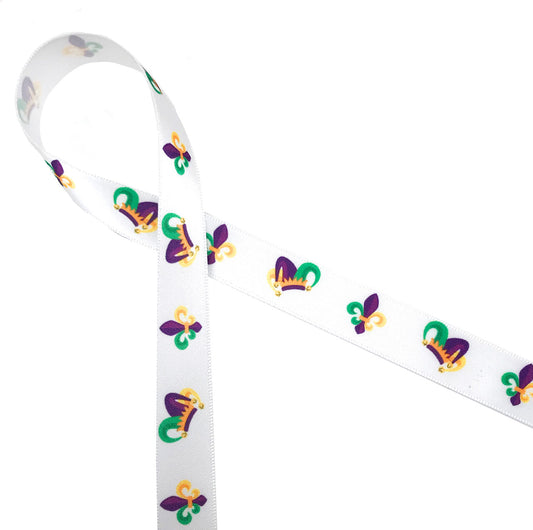Mardi Gras jester hats and fleur de lis in traditional colors of purple, green and yellow printed on 5/8" white single face satin ribbon is a fun ribbon for all your Fat Tuesday celebrations!