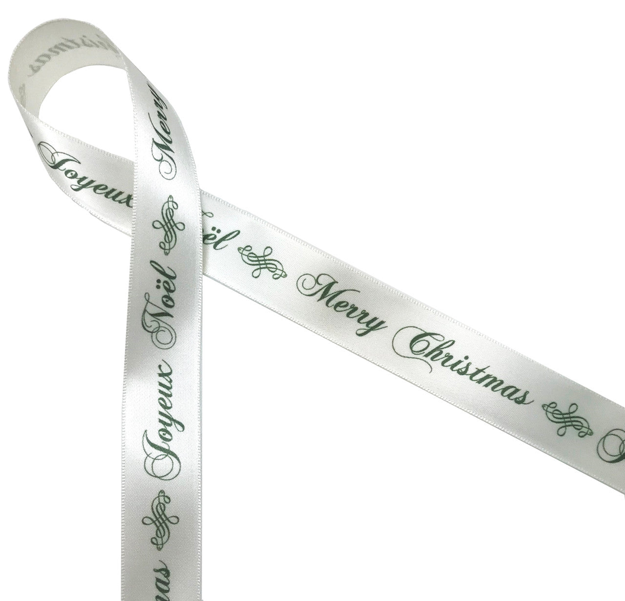 Merry Christmas Joyeux Noel in sage on 7/8" antique white ribbon is a romantic remembrance of an old fashioned Christmas. Make this special ribbon part of your Holiday celebrations!