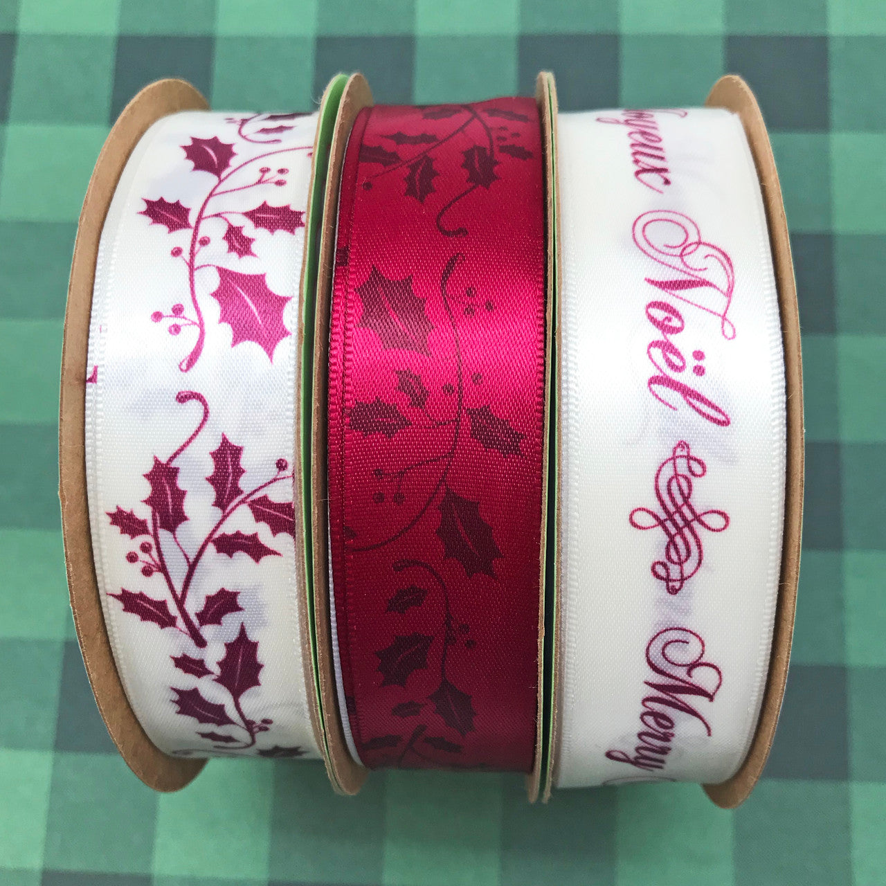 Holly leaves Ribbon in burgundy on 7/8" antique white single face satin