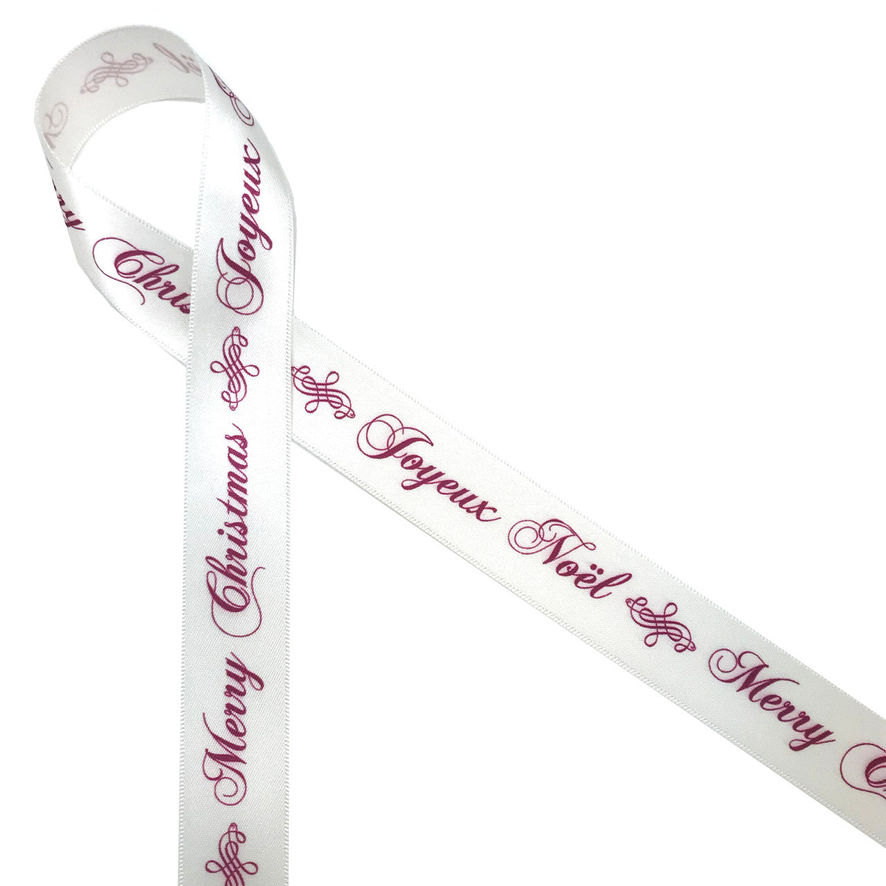 Joyeux Noel and Merry Christmas in ruby red on 7/8" Antique White Single face satin ribbon, 10 Yards