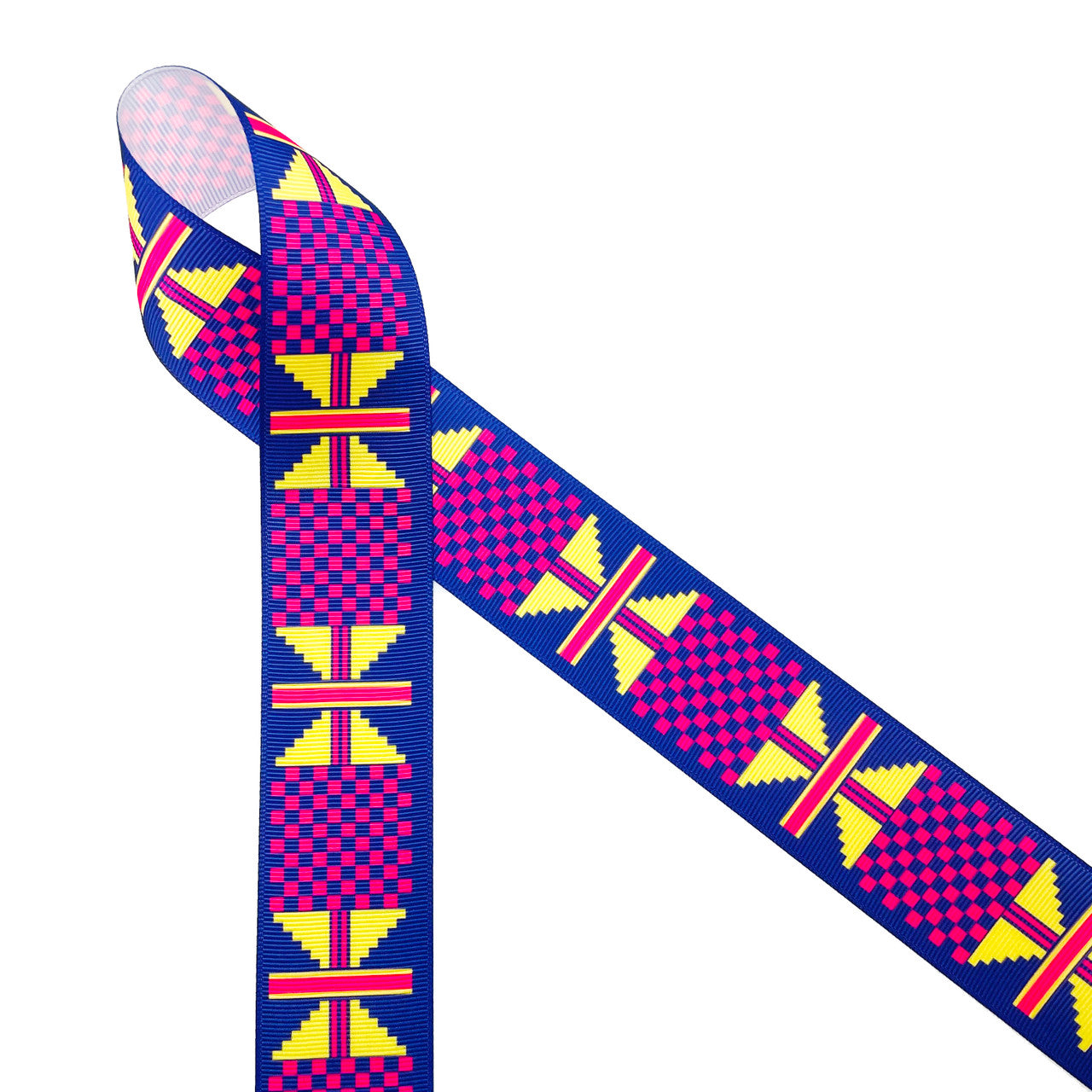 Ankara Kente African design in traditional colors of pink, purple, blue and red printed on 1.5" white grosgrain ribbon is an ideal ribbon for hair bows, headbands, sewing projects, crafts and festivals. All our ribbons are designed and printed in the USA