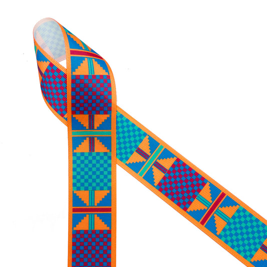 Ankara Kente African design in traditional colors of orange, turquoise, red, blue, printed on 1.5" white grosgrain ribbon is an ideal ribbon for hair bows, headbands, sewing projects, crafts and festivals. All our ribbons are designed and printed in the USA