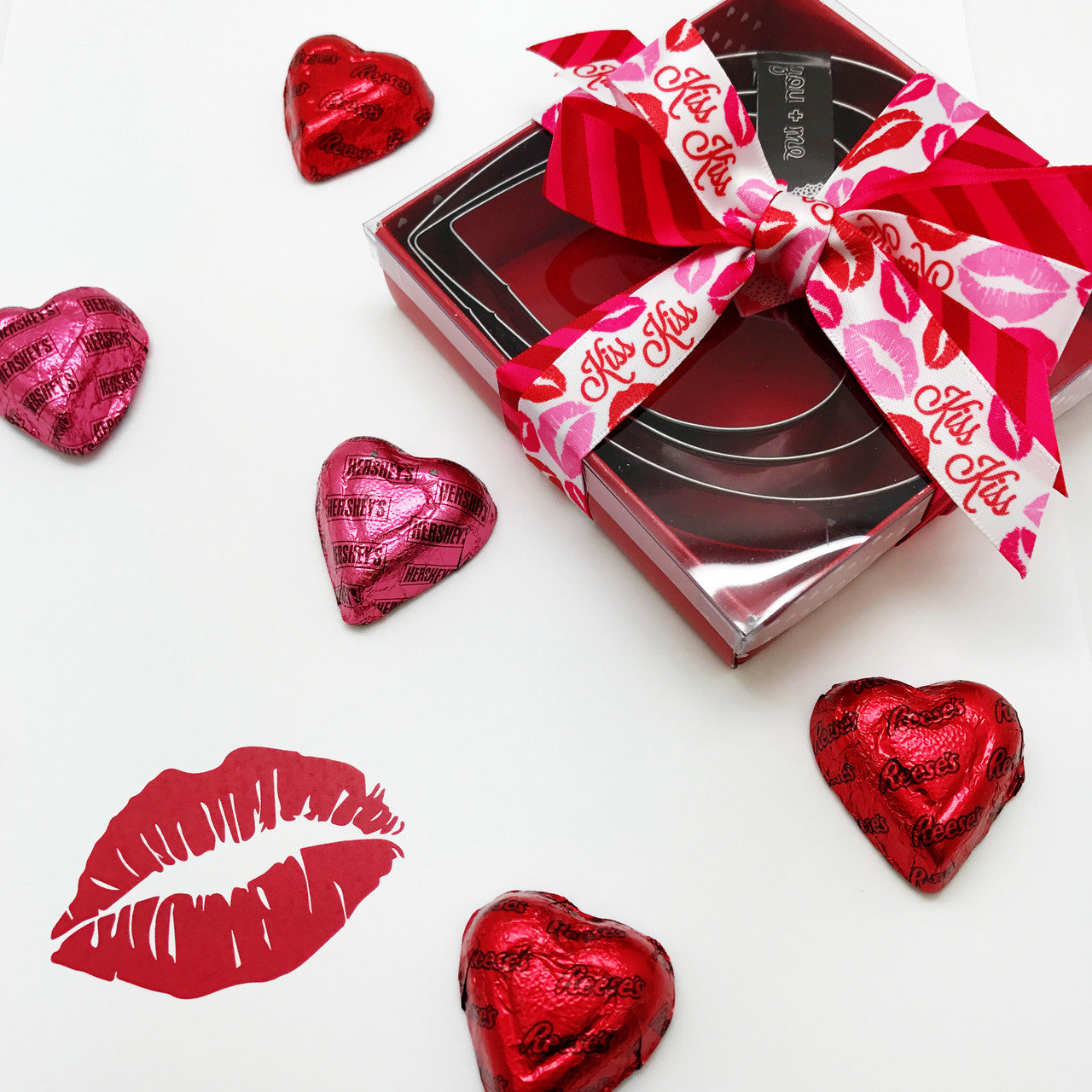 Any Valentine gift will be extra sweet with a combination of our Kiss Kiss ribbon and red on red stripes!