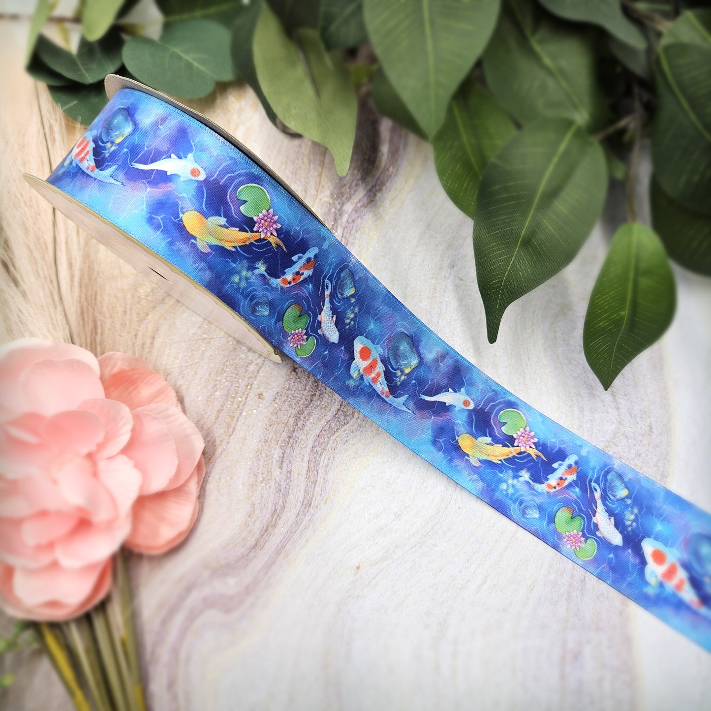 Koi Fish Ribbon colorful Carp fish for gift wrap, gift baskets and crafts printed on 1.5" white single face satin