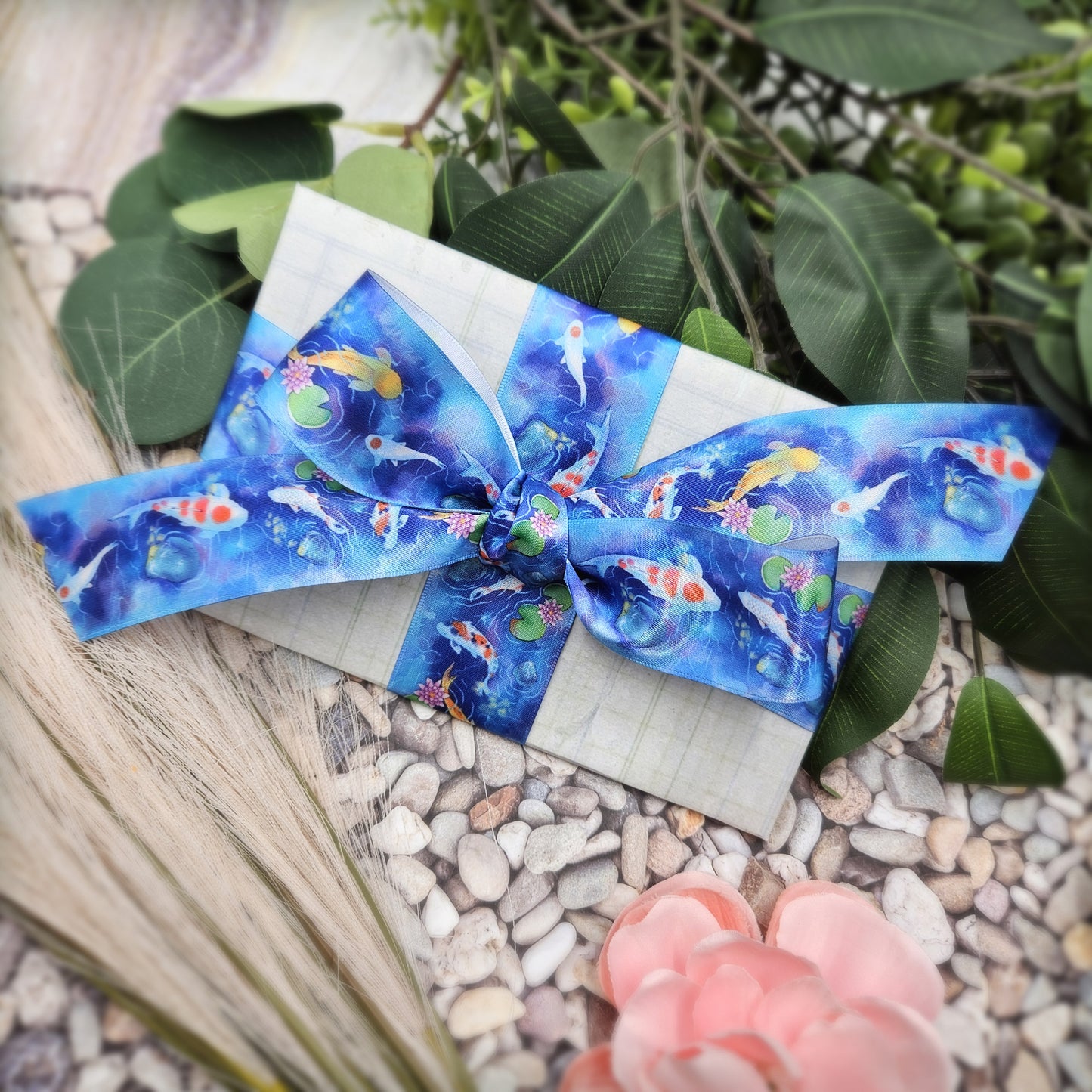 Koi Fish Ribbon colorful Carp fish for gift wrap, gift baskets and crafts printed on 1.5" white single face satin