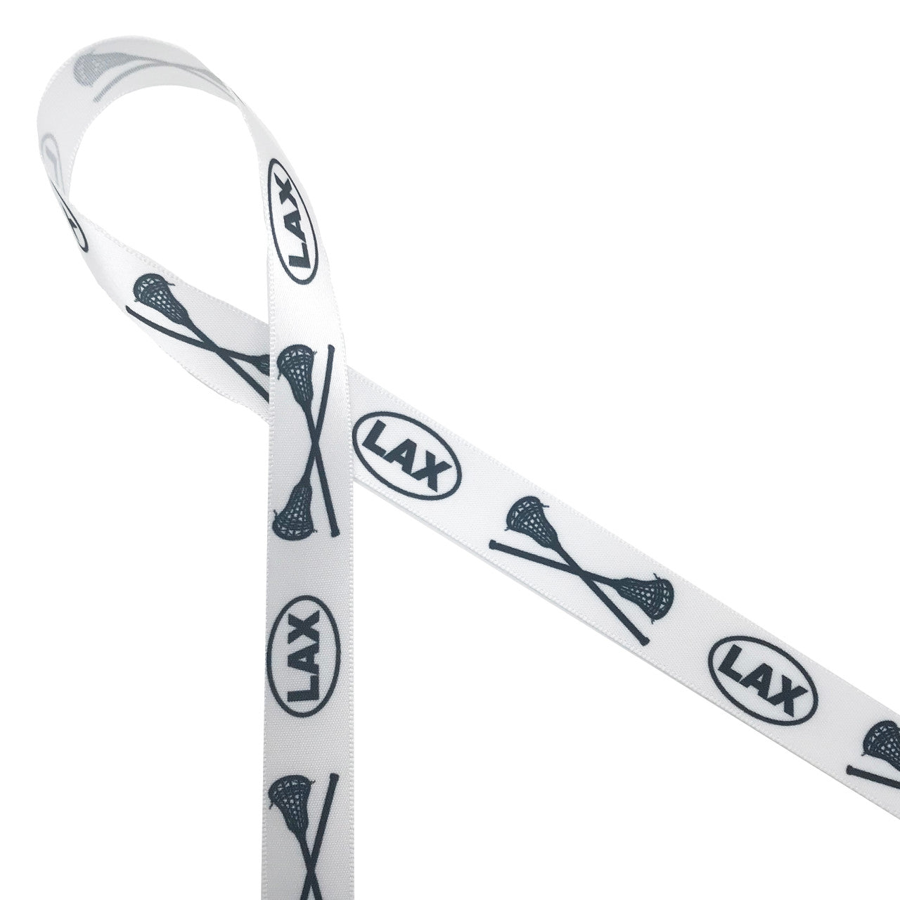Lacrosse themed ribbon consisting of LAX in an oval followed by crossed lacrosse sticks printed in black on 5/8" white single face satin ribbon.