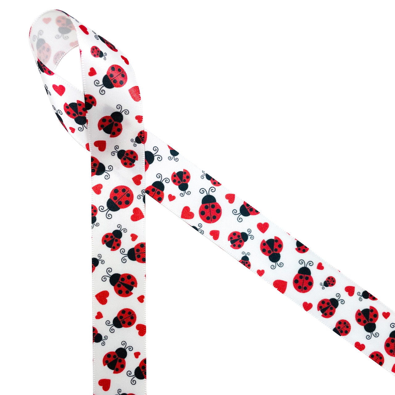 Ladybugs in black and red tossed with red hearts on 7/8" single face satin ribbon.