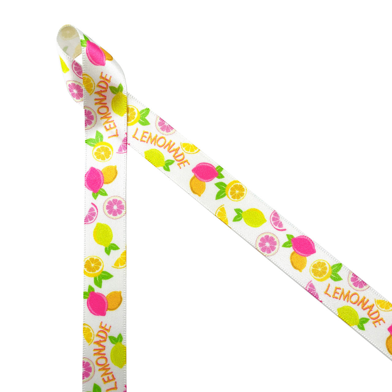 Lemonade ribbon featuring tossed lemons in pink and yellow with the word Lemonade printed on 5/8" white single face satin. This is a fun ribbon for Summer parties, party favors, bridal showers, garden parties, gift wrap, cookies, cake pops and table decor. Use this ribbon for hair bows, crafting, sewing and quilting projects too. All our ribbon is designed and printed in the USA