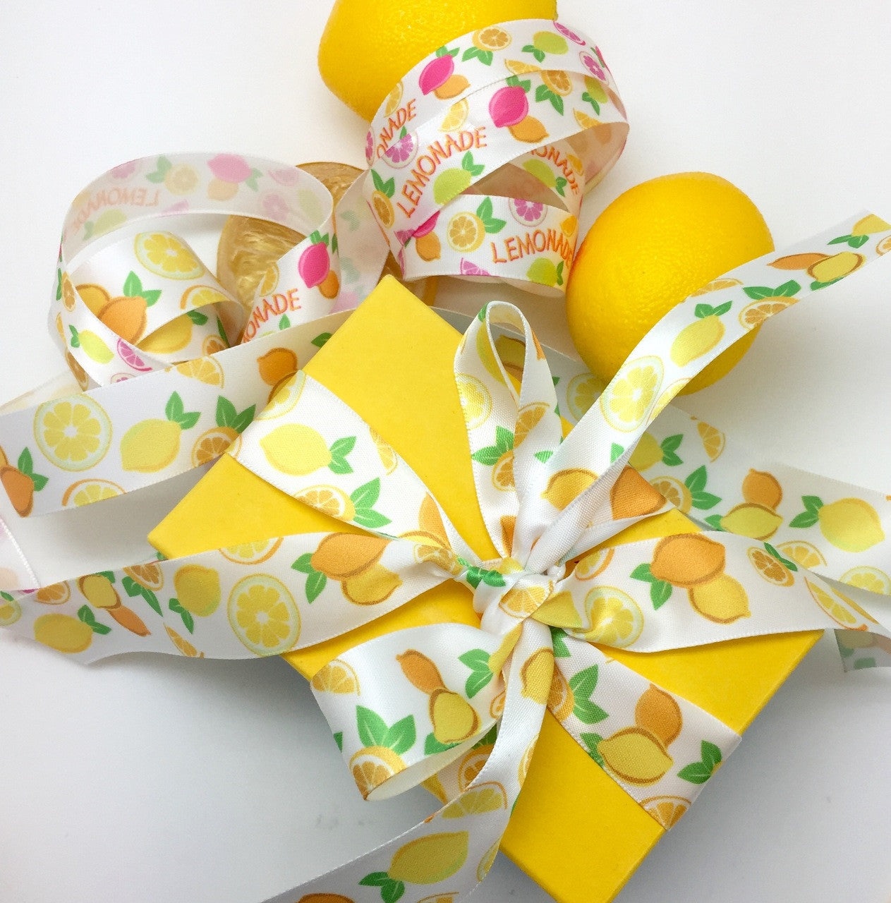 Our lemonade and lemons ribbons pair beautifully! Add these to a Summer event to brighten any day! This is also a great ribbon for bridal showers and parties with a lemony theme! 