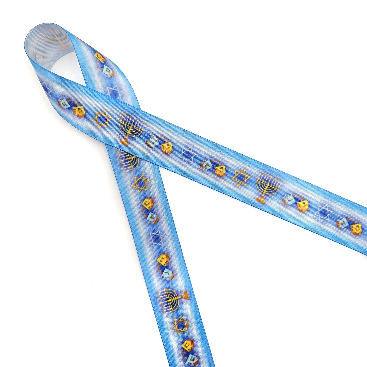 Hanukkah Ribbon in shades ofLight  blue with Menorahs, dreidels and Star of David in a row for gifts printed on 5/8" and 7/8" white satin