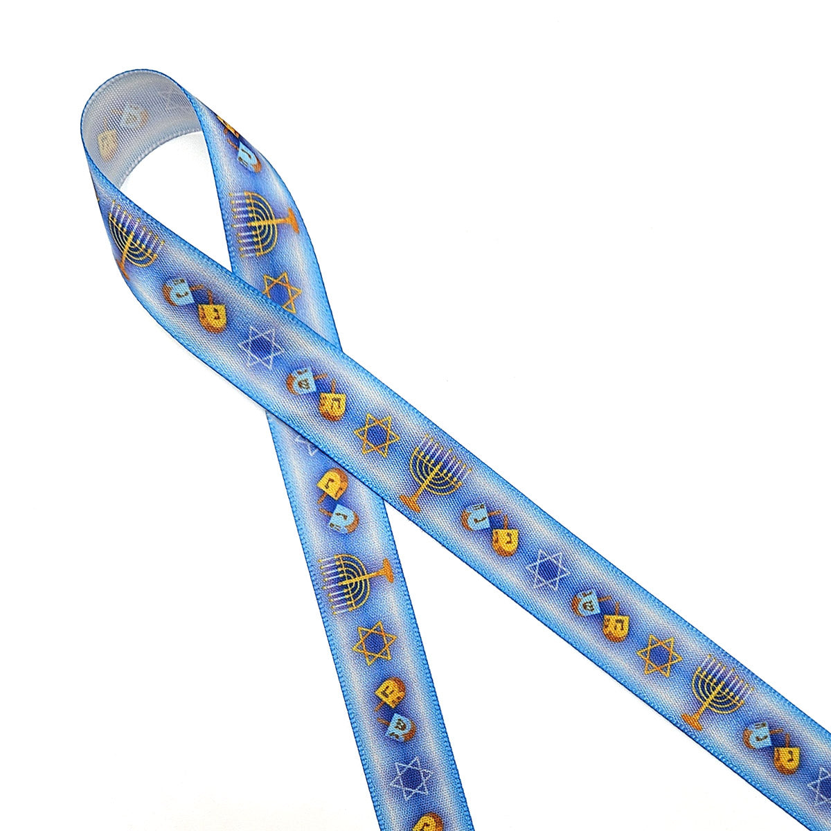 Hanukkah Ribbon in shades ofLight  blue with Menorahs, dreidels and Star of David in a row for gifts printed on 5/8" and 7/8" white satin