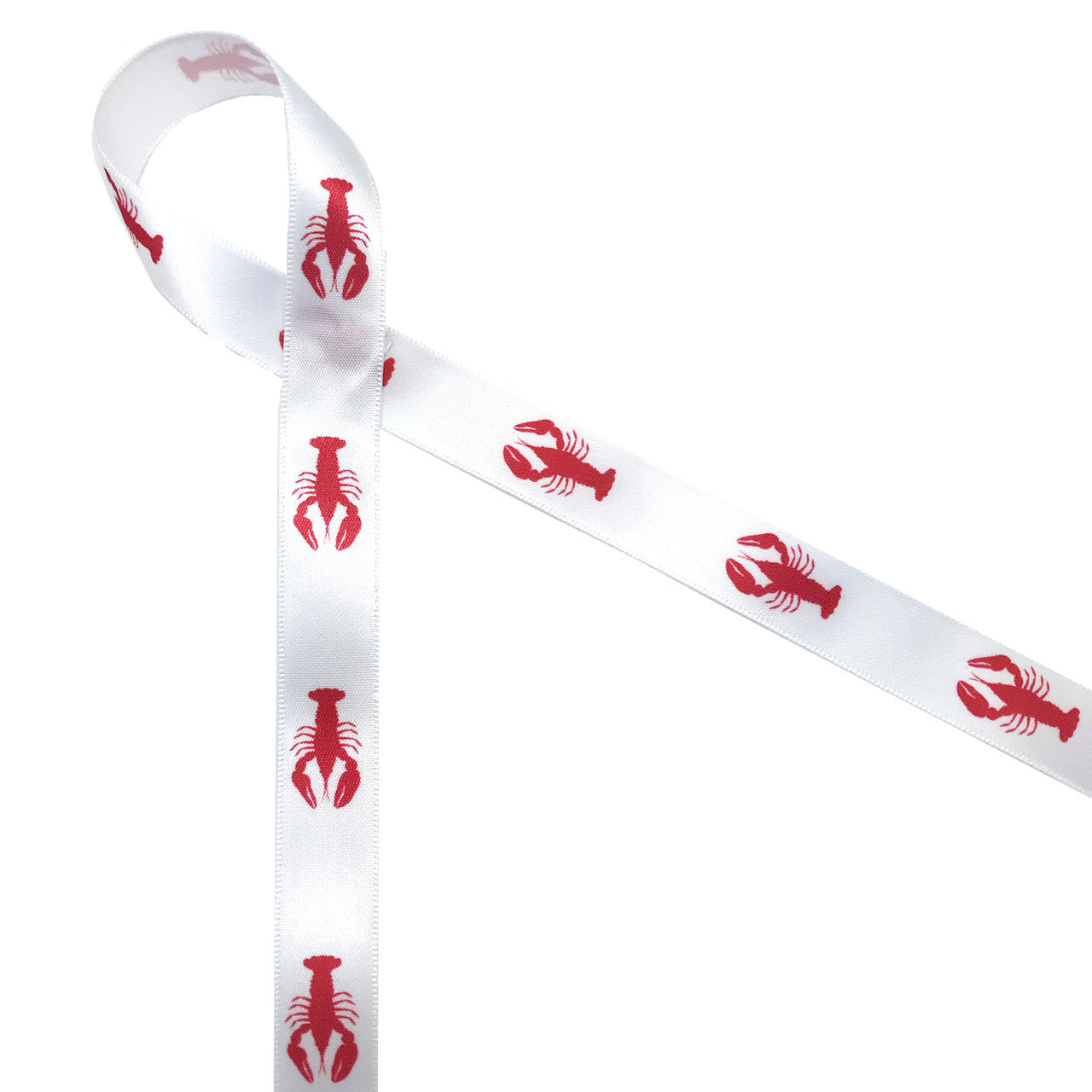 Red lobsters on white single face satin ribbon 5/8" width.