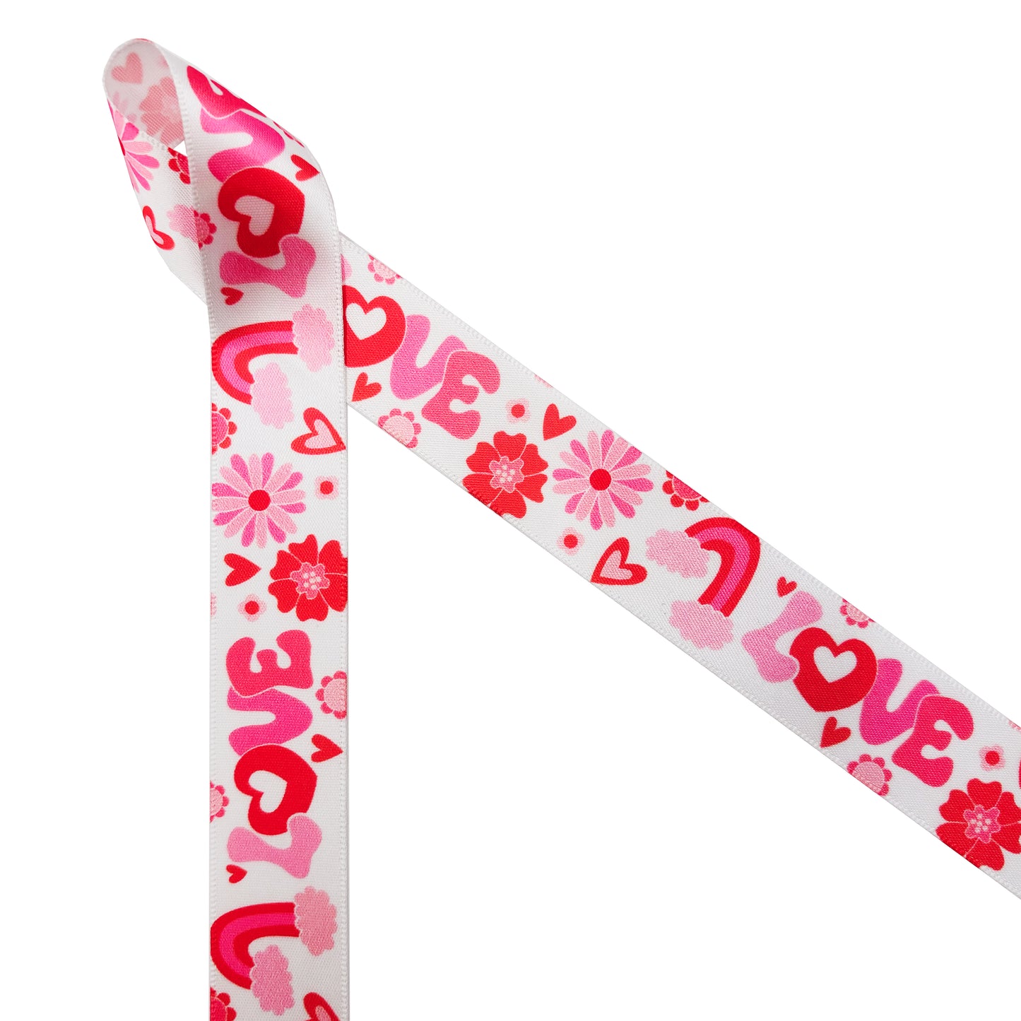Valentine ribbon vintage design 1960's design with pink and red hearts and flowers, rainbows and LOVE  printed on 7/8" white satin