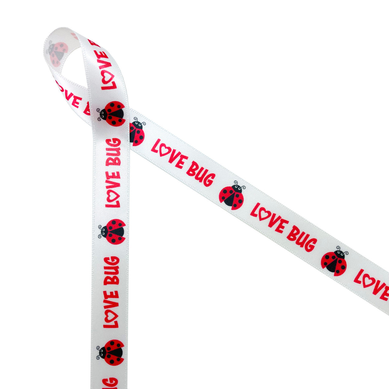 Ladybugs and Love bugs in red printed on 5/8"white single face satin ribbon is a fun ribbon for Valentine celebrations! This adorable ribbon is sweet for juvenile and adult celebrations alike. Tie this ribbon on Valentine gifts, gift baskets, Valentine favors, cookies and cake pops. This is a great craft ribbon for Valentine sewing, quilting and paper crafts. All our ribbon is designed and printed in the USA