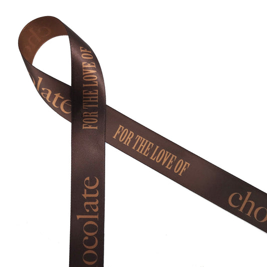 Chocolate lovers will delight in our For the Love of Chocolate ribbon printed on 7/8" dijon gold single face satin ribbon. This is the ideal ribbon for chocolatiers, candy shops, candy makers and Valentine's Day. Be sure to have this ribbon on hand for craft and quilting projects too! All our ribbon is designed and printed in the USA