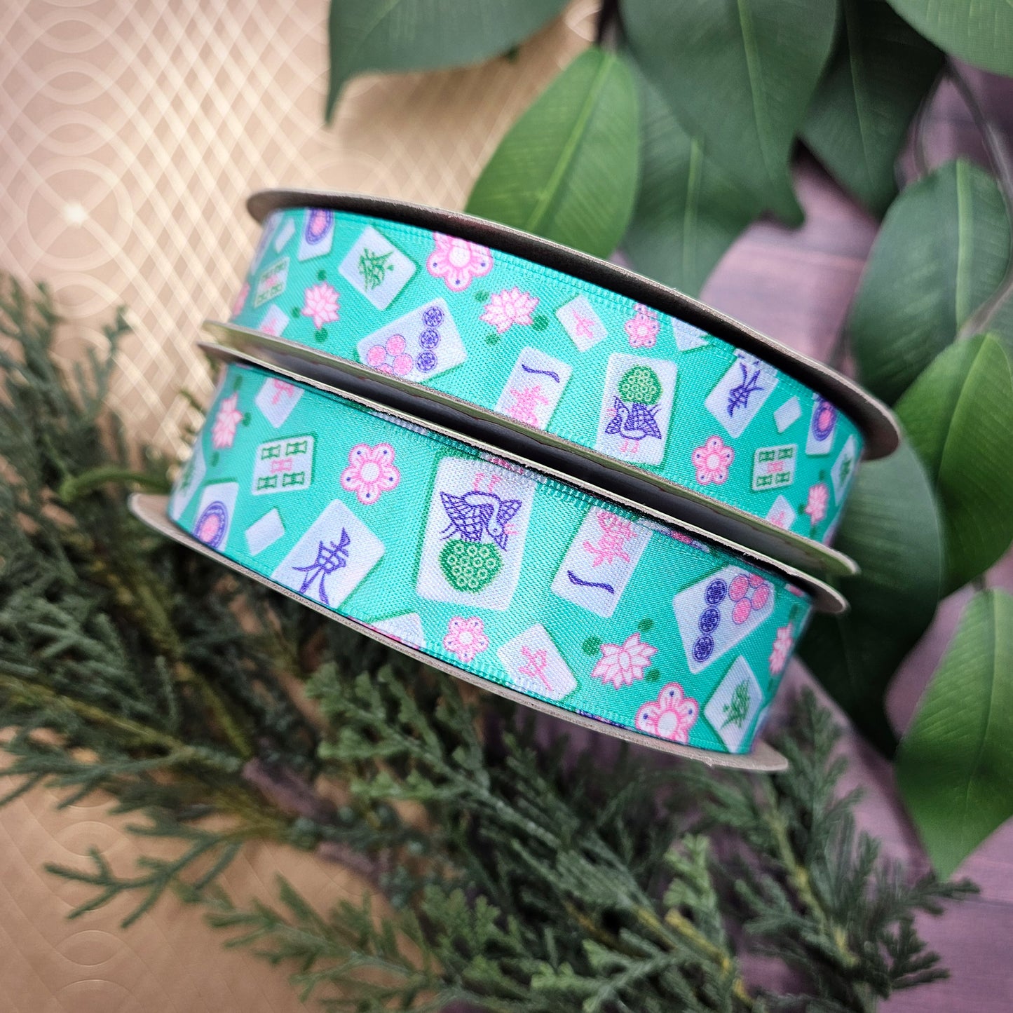Mahjong Ribbon with tiles in pink, green and blue printed on 5/8" and 7/8" white satin