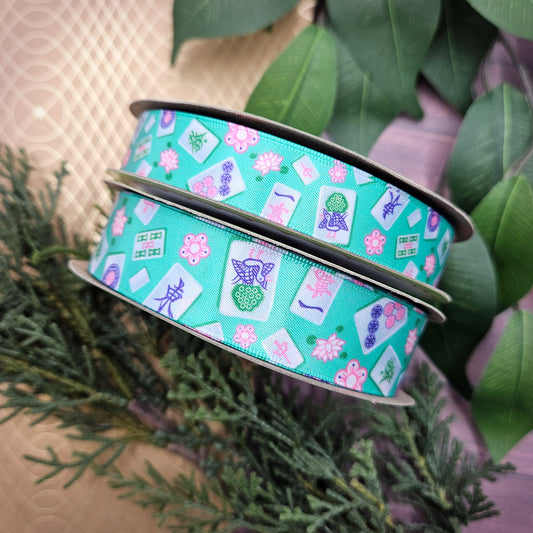 Mahjong Ribbon with tiles in pink, green and blue printed on 5/8" and 7/8" white satin