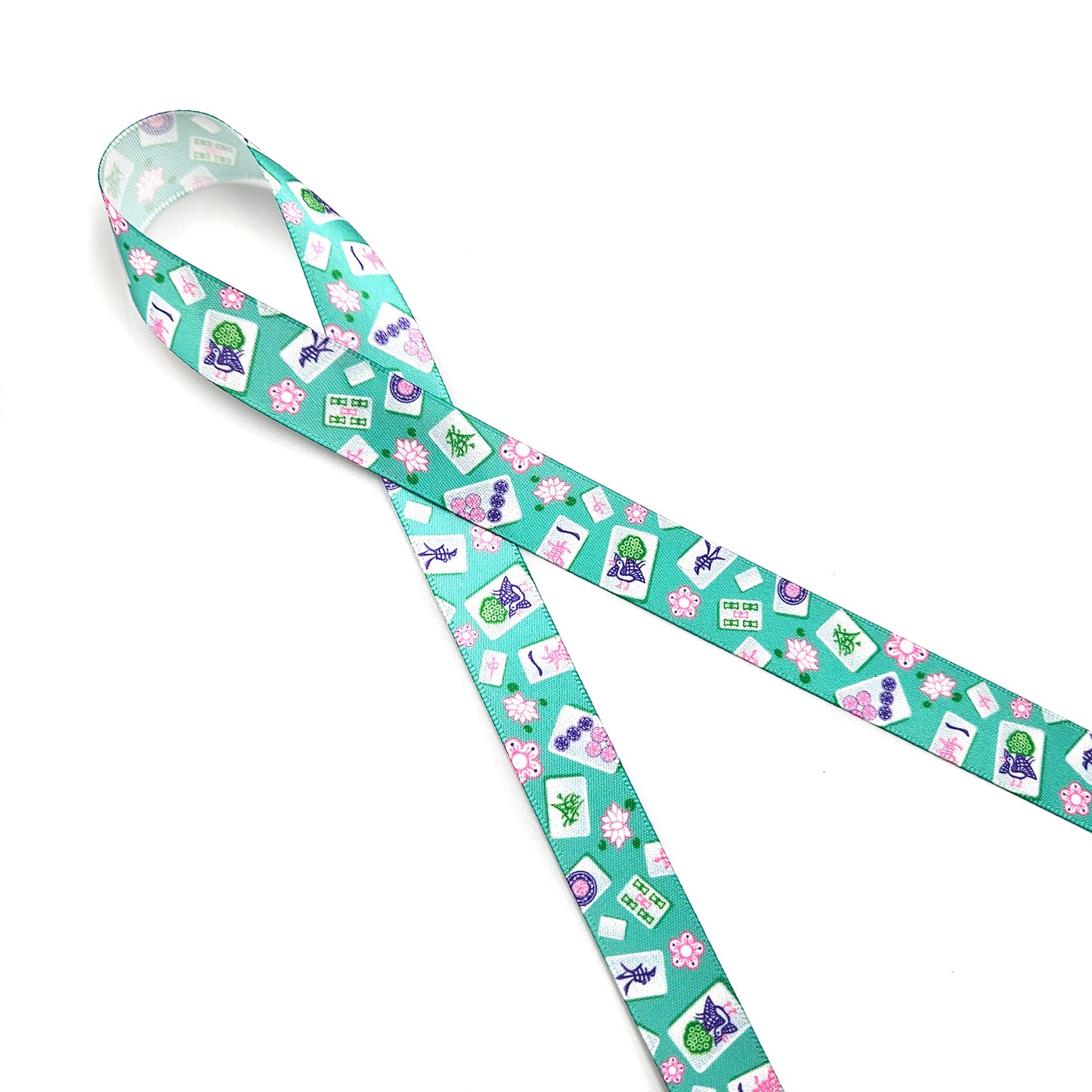 Mahjong Ribbon with tiles in pink, green and blue printed on 5/8" and 7/8" white satin