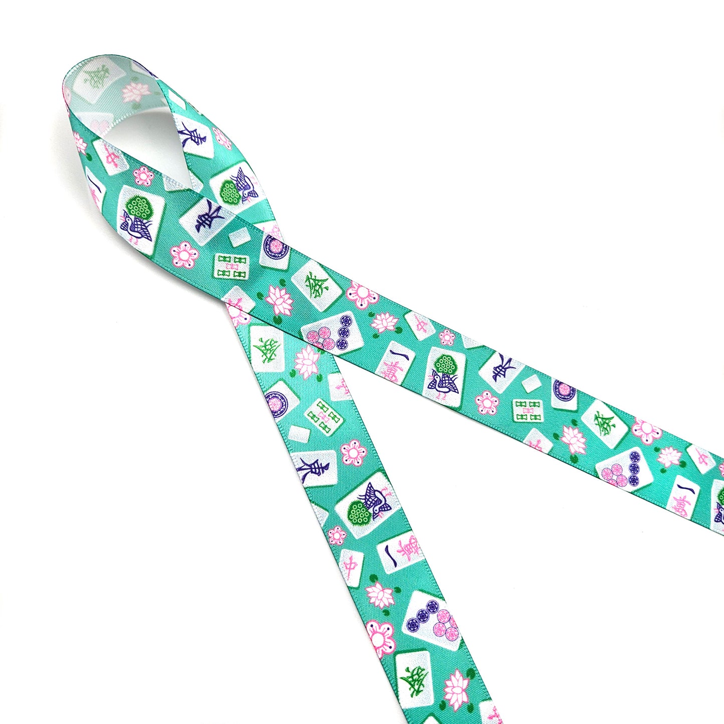 Mahjong Ribbon with tiles in pink, green and blue printed on 5/8" and 7/8" white satin