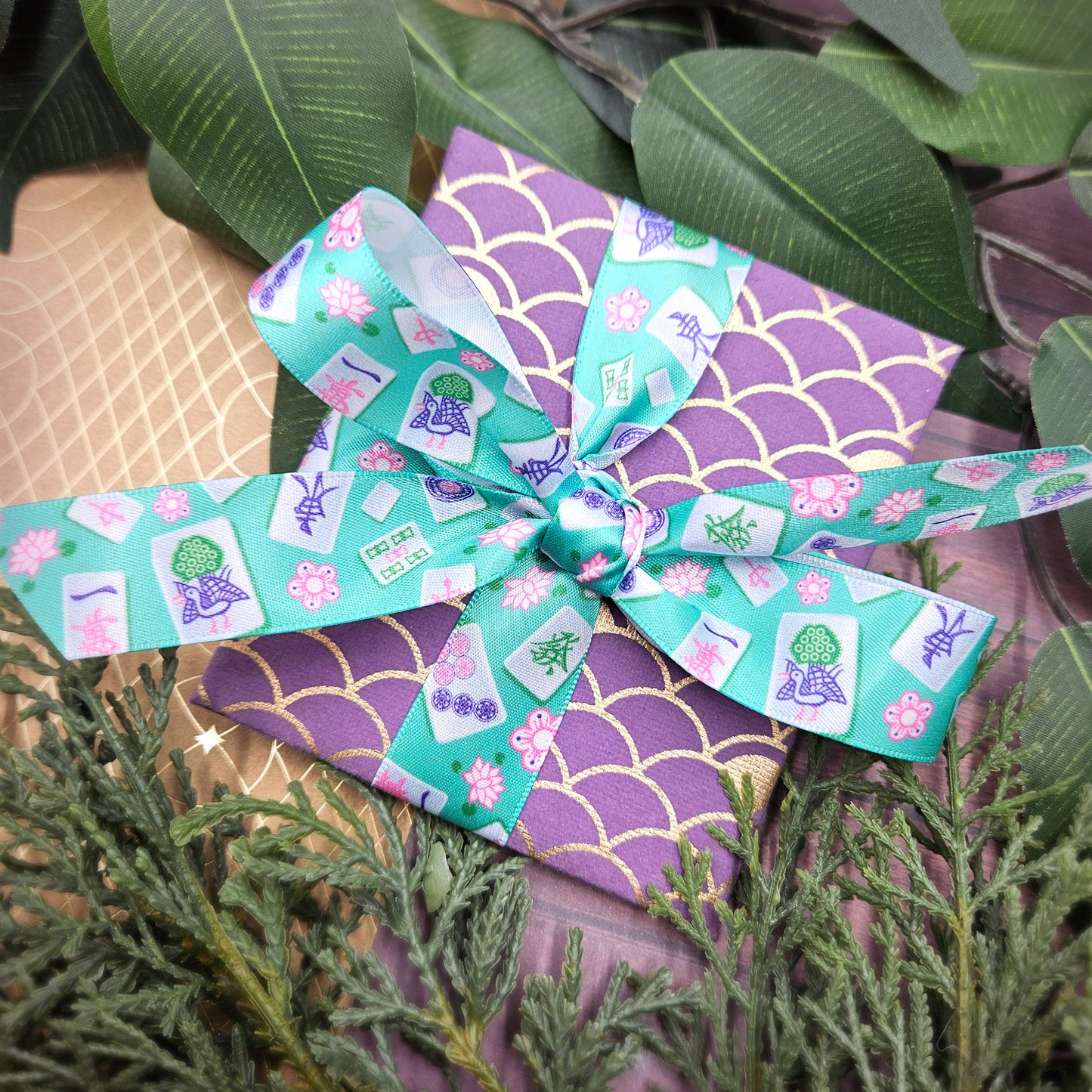 Mahjong Ribbon with tiles in pink, green and blue printed on 5/8" and 7/8" white satin