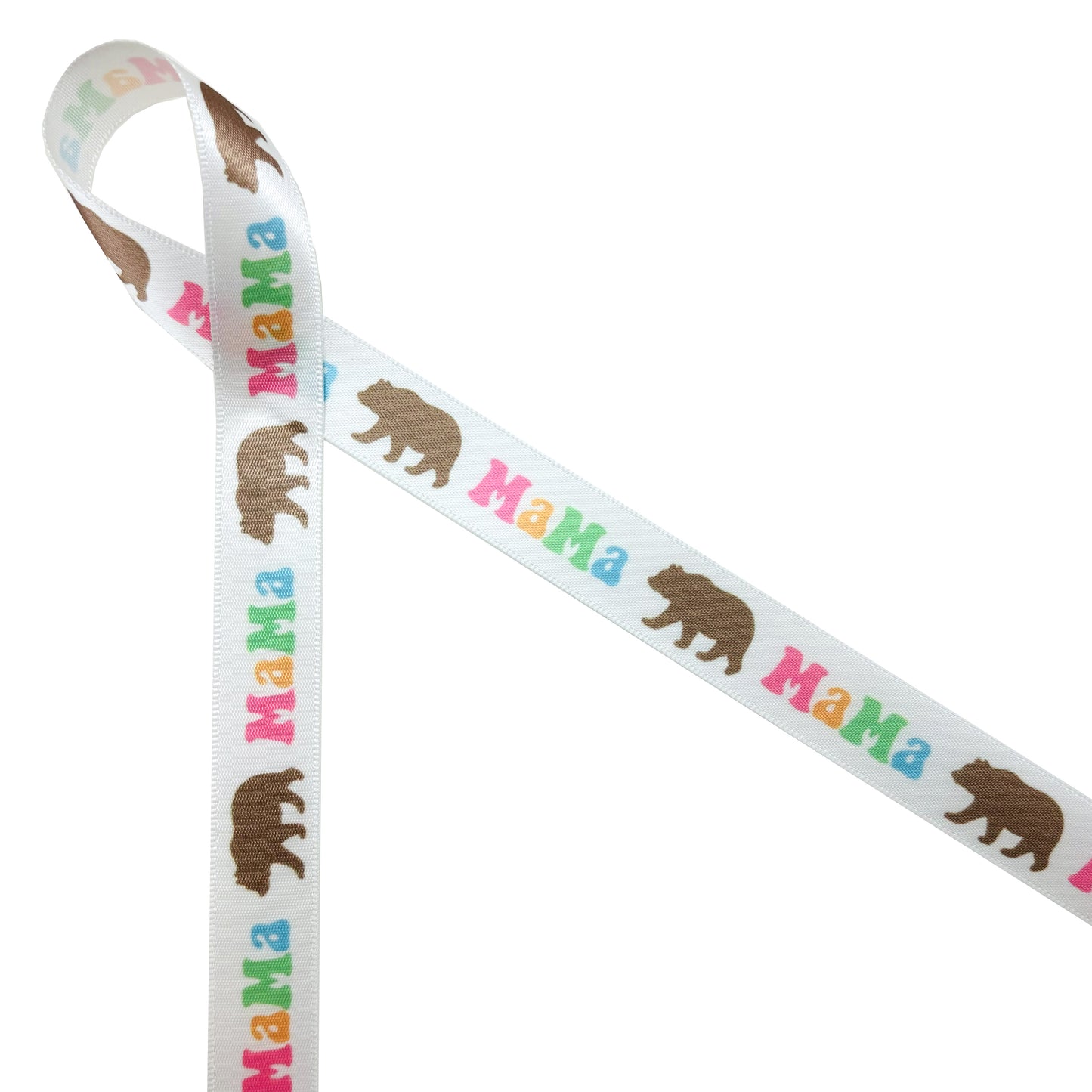 Mama Bear ribbon Mama Bear in pastel letters of pink, yellow and blue with a brown bear printed on 5/8" and 1.5" satin and grosgrain ribbon