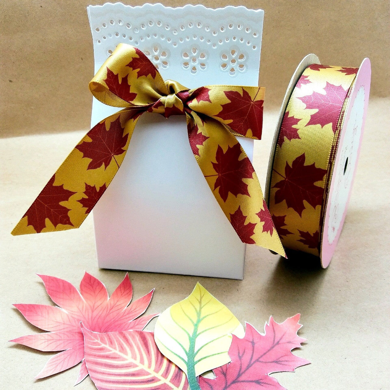 Make your Fall themed party favors pop with this elegant ribbon in burgundy and gold tying it all together!