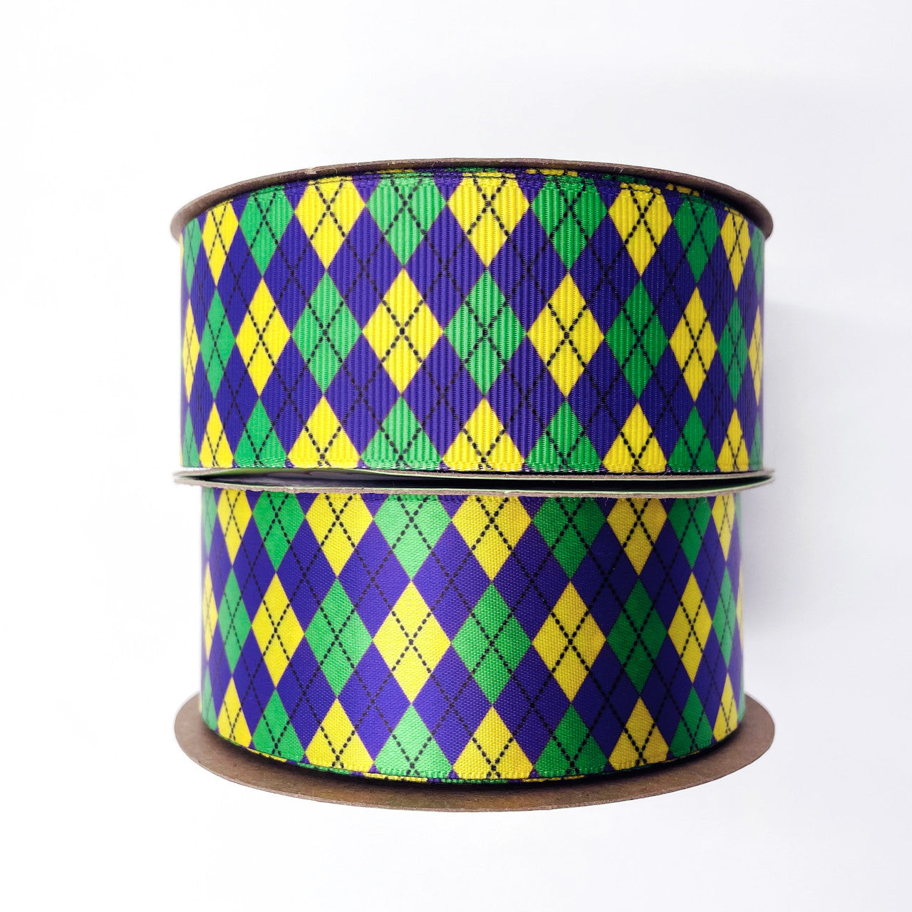 Our Mardi Gras themed argyle ribbon is available in 1.5" wide satin and grosgrain ribbons! 
