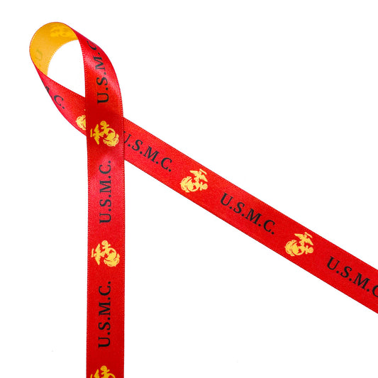 USMC on red ribbon with a gold logo 5/8" single face satin ribbon