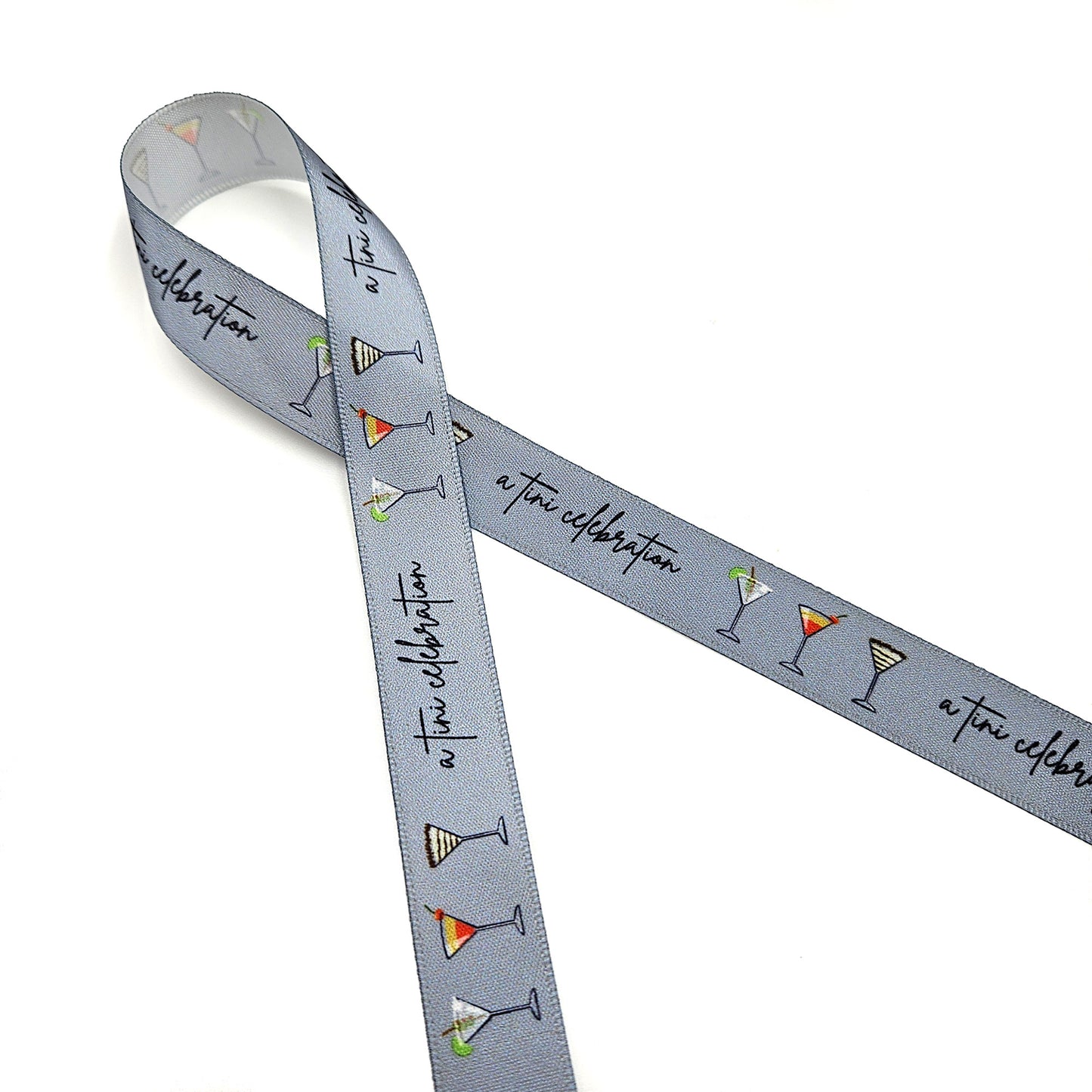 Martini Ribbon featuring Martini Glasses with the tag line A tini celebration on a silver gray background on 5/8" single face satin