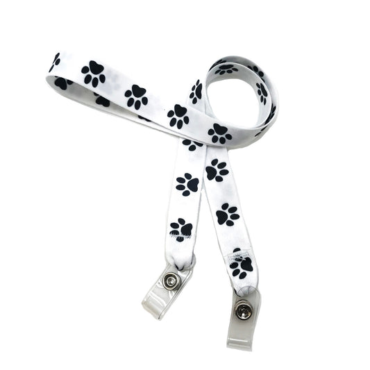 24" mask holder with soft plastic snap closures printed with our Paw print design printed on both sides on  5/8" Ultra Lanyard material is  perfect for adults to keep track of face masks at  work, school, sports practice, lunch and break time.