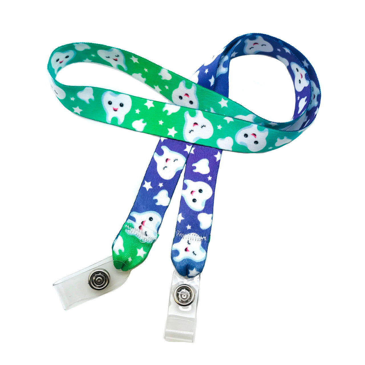 24" mask holder with soft plastic snap closures printed with our teeth design printed on both sides on  5/8" Ultra Lanyard material is  perfect for adults to keep track of face masks at  work, school, sports practice, lunch and break time.