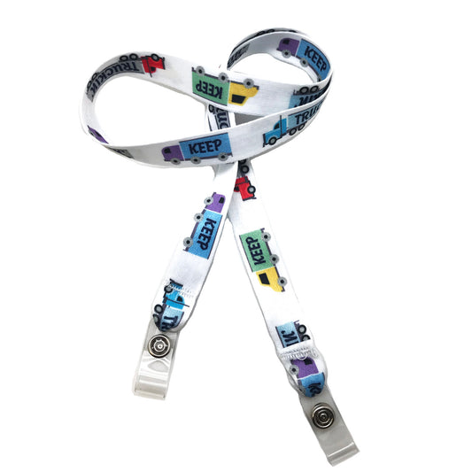 24" mask holder with soft plastic snap closures printed with our Keep Truckin' theme design printed on both sides on  5/8" Ultra Lanyard material is  perfect for adults to keep track of face masks at  work, school, sports practice, lunch and break time.