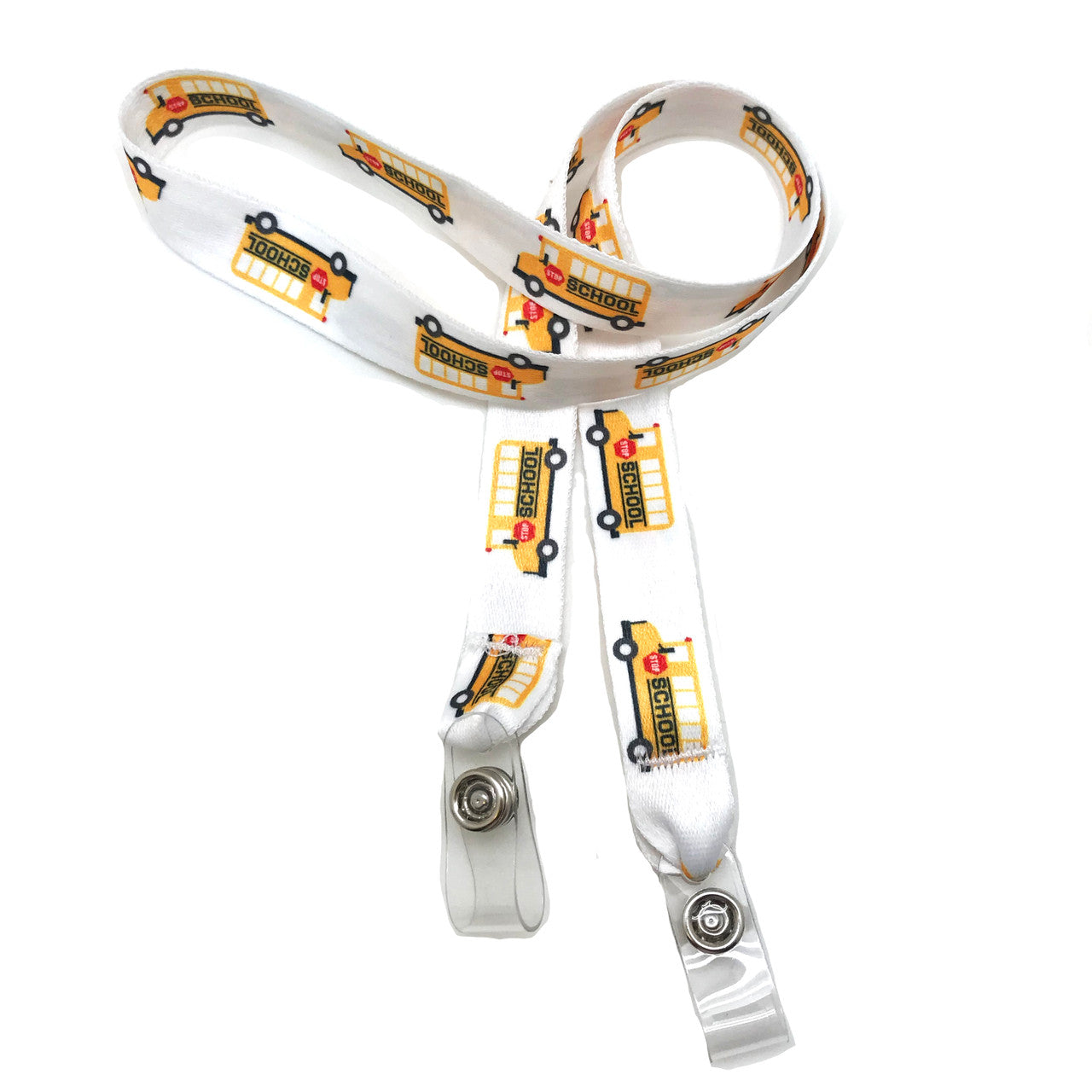 24" mask holder with soft plastic snap closures printed with our school bus design printed on both sides on  5/8" Ultra Lanyard material is  perfect for adults to keep track of face masks at  work, school, sports practice, lunch and break time.