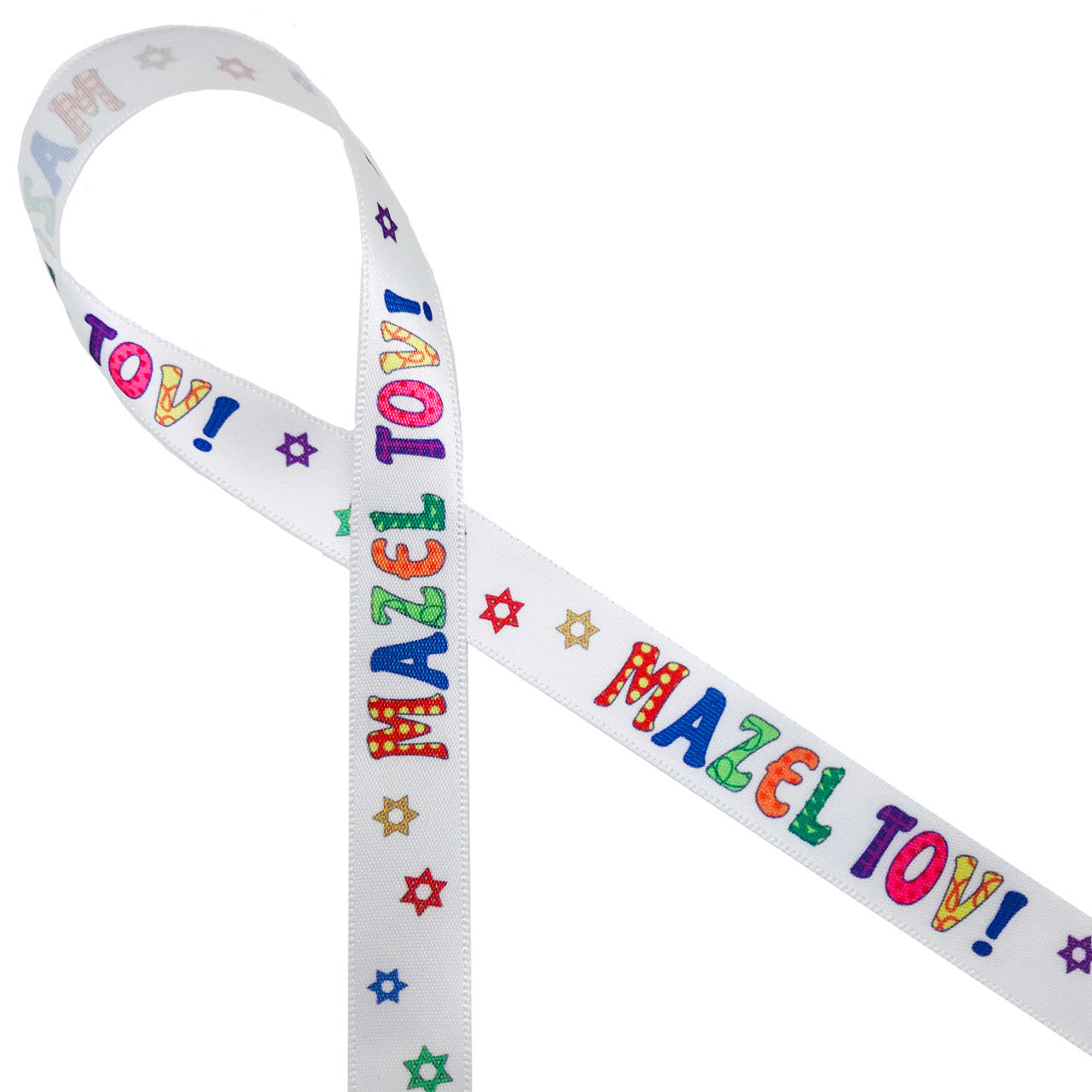 Whimsical Mazel Tov! with bubble letters in primary colors and fun patterns on  5/8" white single face satin ribbon