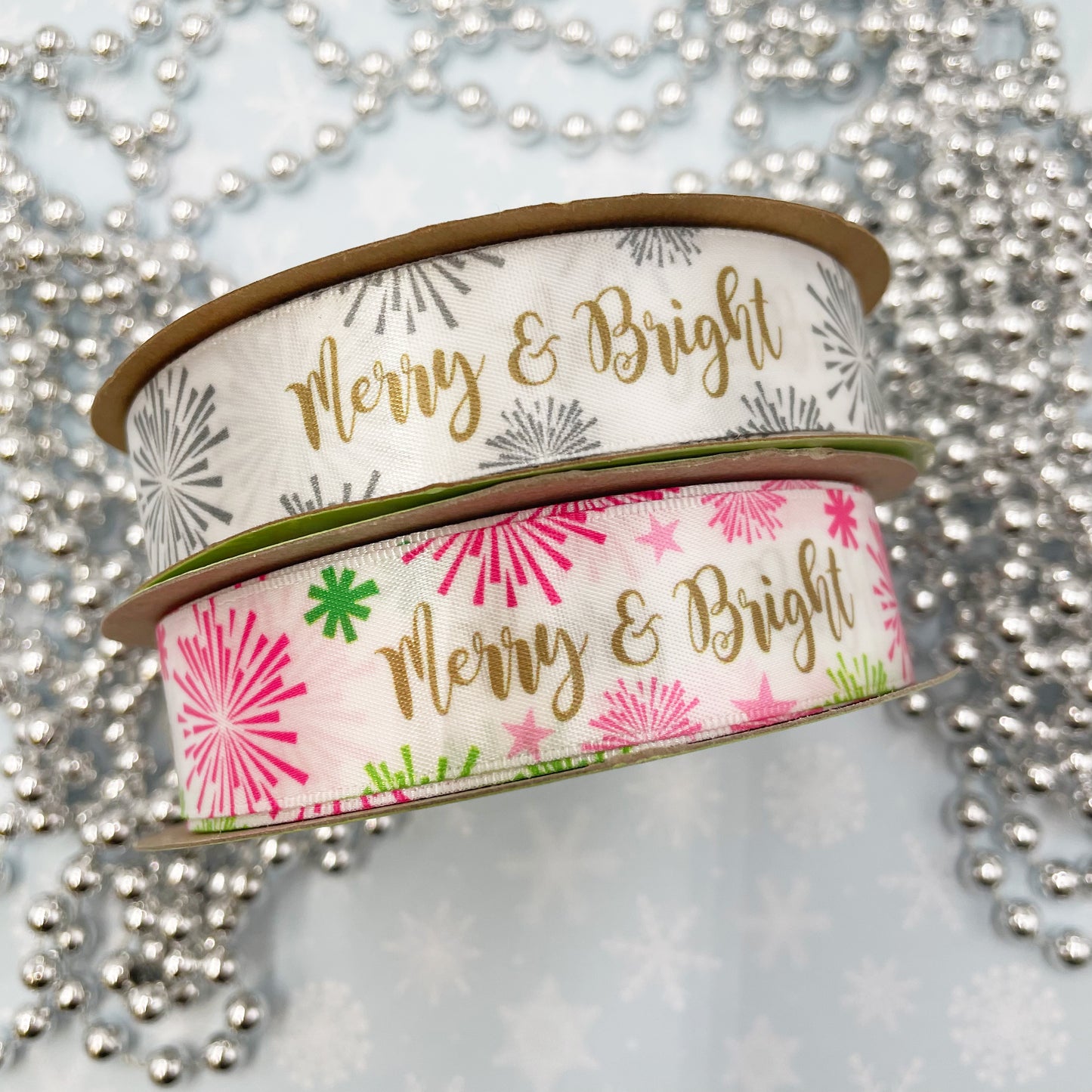 Merry and Bright  Holiday ribbon in silver and gold or pink and green with vintage sun bursts printed on 7/8" white single face satin ribbon