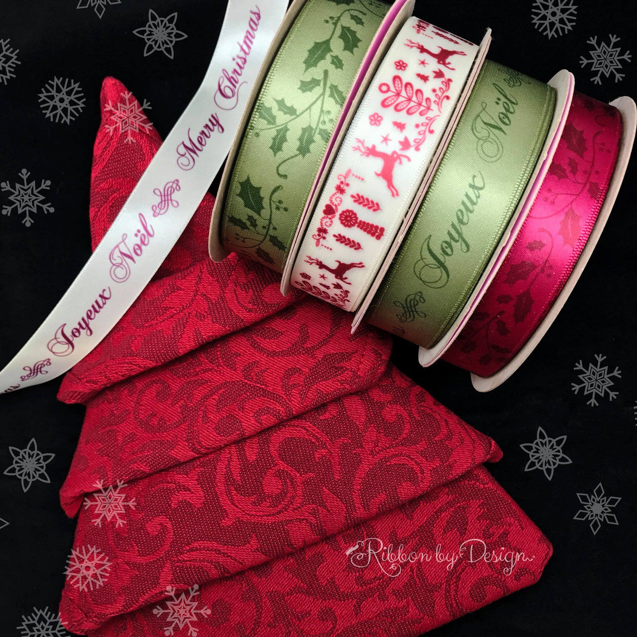 Joyeux Noel, Merry Christmas Ribbon in green on 7/8" Willow green Single Face Satin ribbon