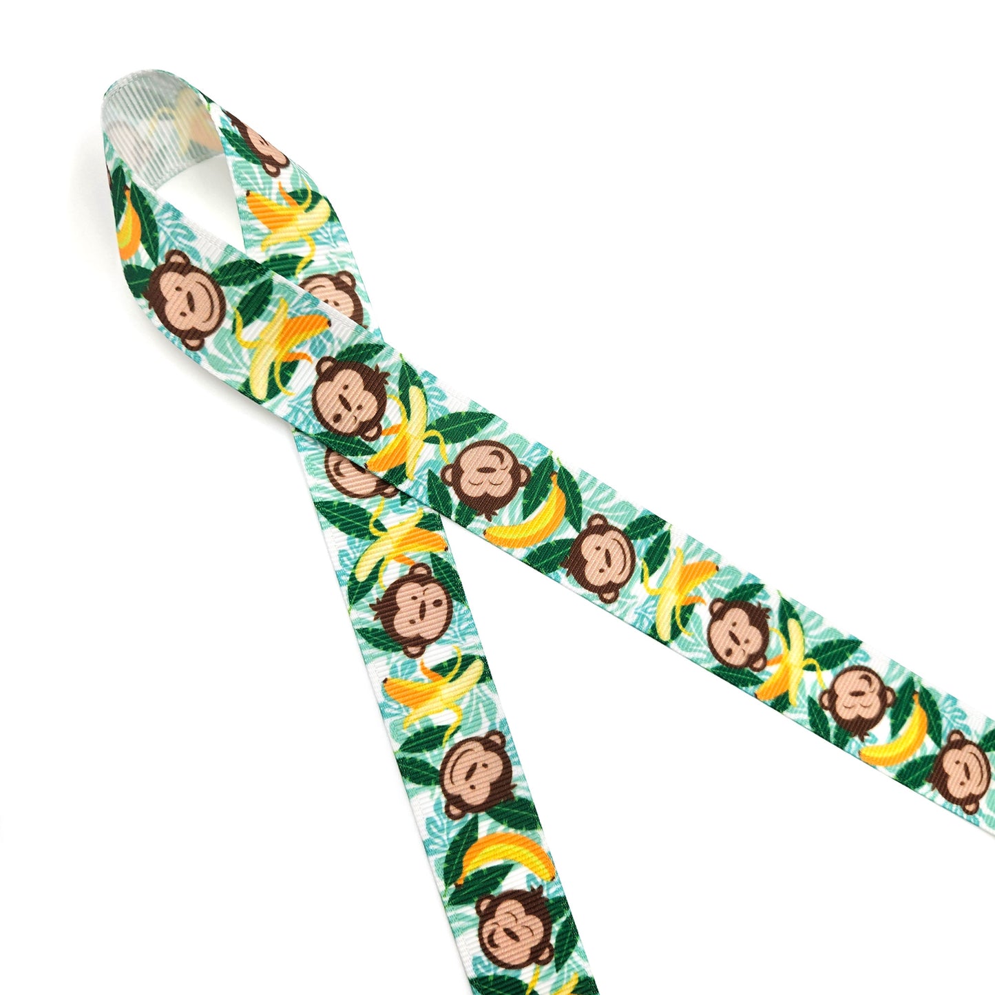 Monkeys and bananas ribbon with palm fronds on 7/8" white single face satin and grosgrain