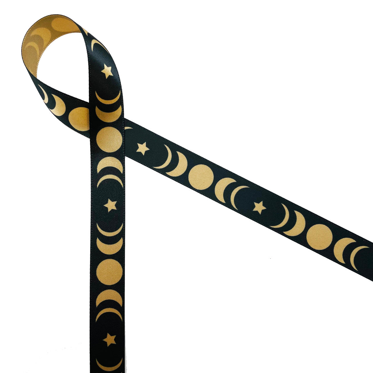 Moon ribbon featuring moon phases in gold on a black background printed ...