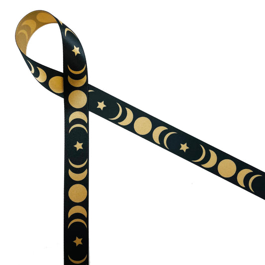 Moon theme ribbon depicting all phases of the moon in gold on a black background printed on 5/8" dijon gold ribbon. This is a great ribbon for celestial and mystical themed parties and celebrations. Use this ribbon for gift wrap, party decor, party favors and quilting and sewing projects. All our ribbon is designed and printed in the USA