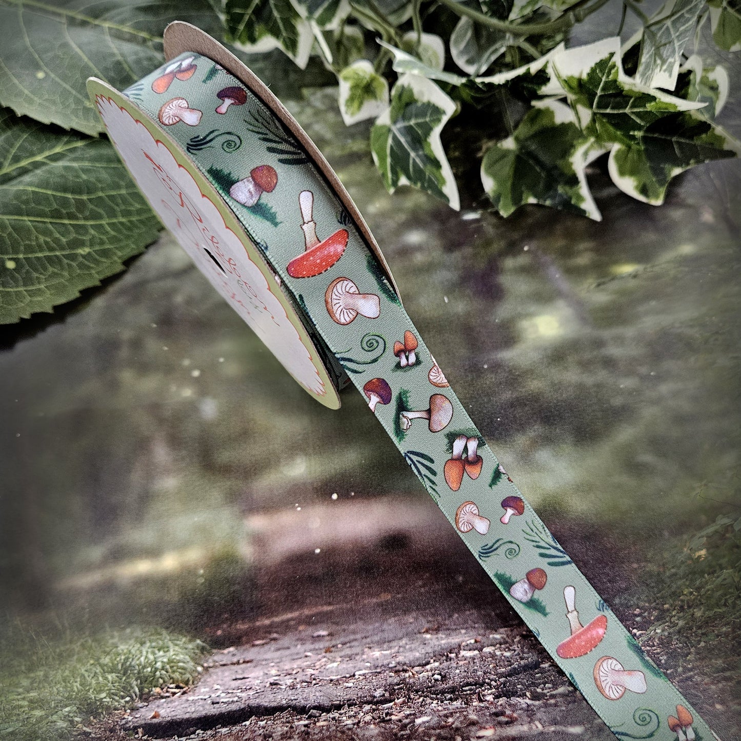 Mushroom ribbon with a variety of mushrooms tossed with forrest fern and flora printed on 7/8" white single face satin